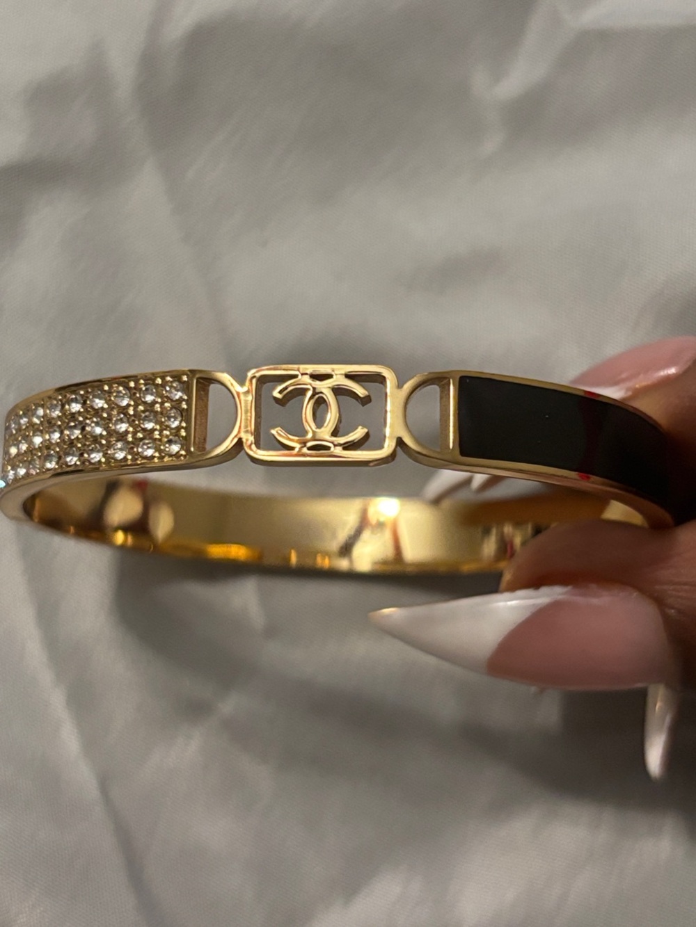 Chanel Gold & Black Logo Accent Bangle Bracelet with Crystal Pavé